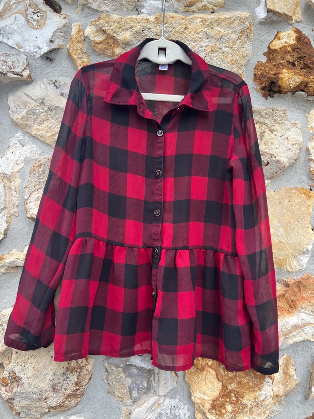 Sally M sheer shirt buffalo check peplum button up size 10-12